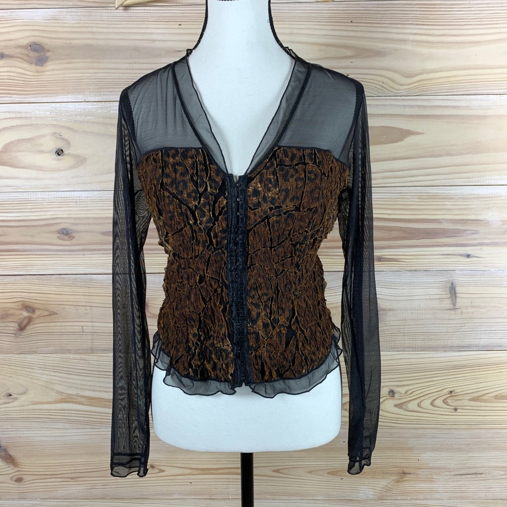 Papillon‎ Blanc Top Womens Large Leopard Mesh Hook Eye Long Sleeve Goth Punk